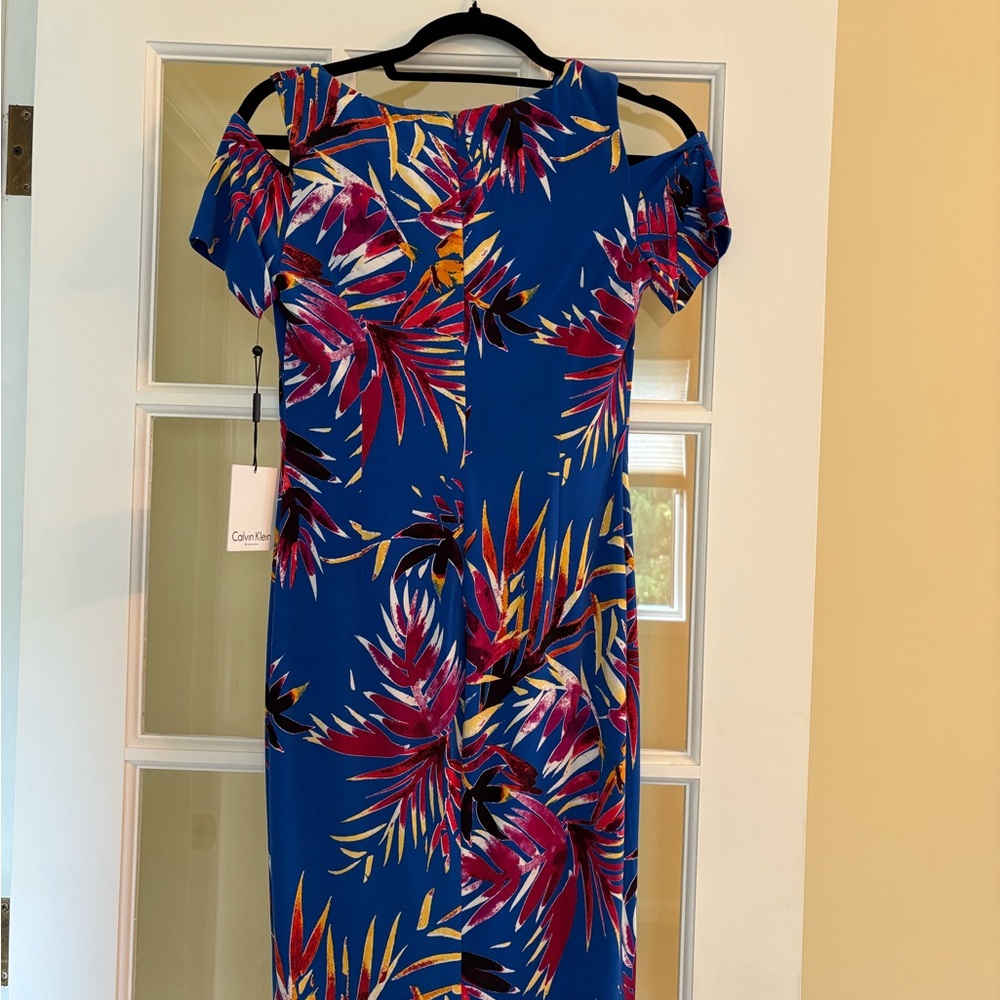 Calvin Klein Blue Dress with Tropical Accents